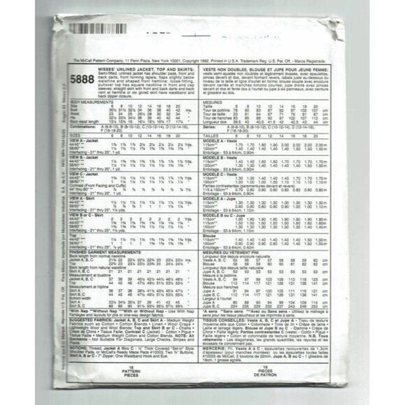 McCall's Sewing Pattern 5888 Misses Jacket Top Pants Size 8-12 - Picture 2 of 2